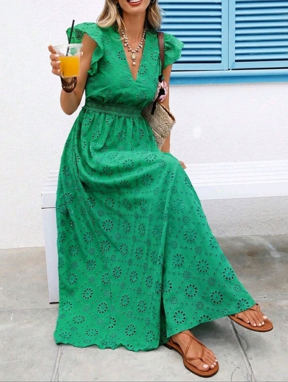 New Embroidered Eyelet Lace Ruffle Sleeve Tie Back Maxi Dress Green - Picture 3 of 10